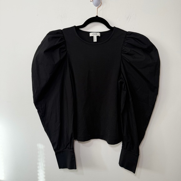 COS women Black Puff Sleeve Cotton Jersey Top Statement minimalist Sleeves in S - Picture 3 of 10